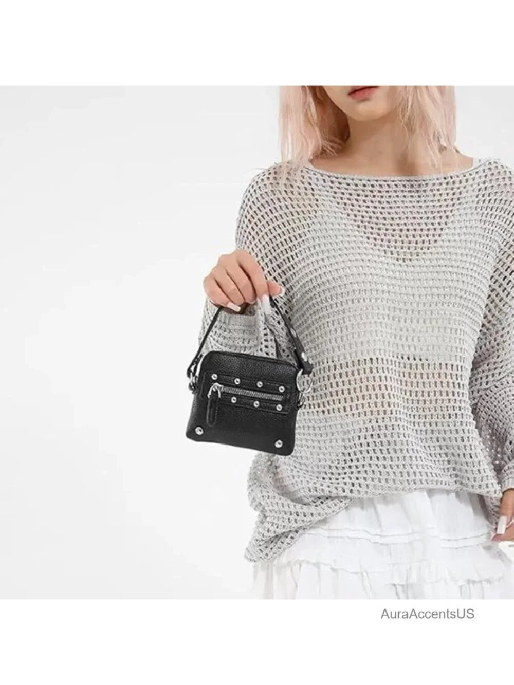 Goth Purse Top-Handle Handbag Mini Crossbody Hobo Faux Leather Gold Rivet